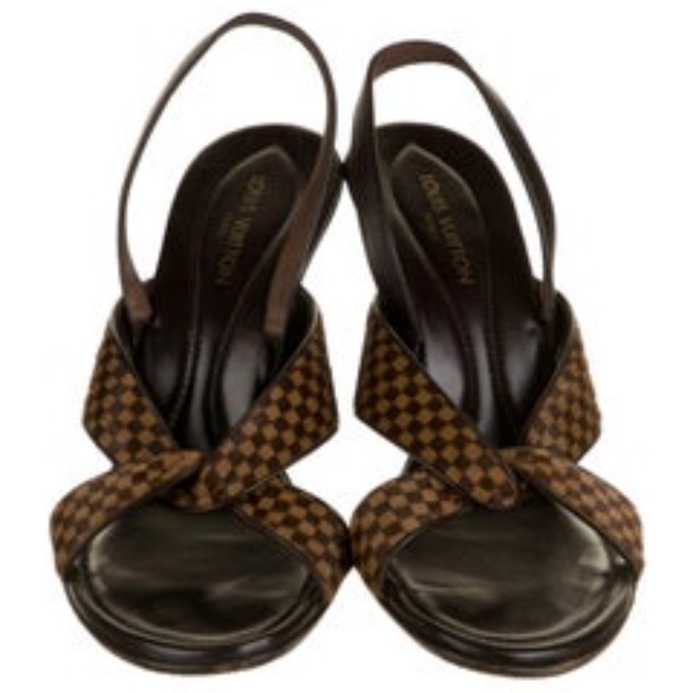 LOUIS VUITTON Damier Ebene Pattern Calf Hair Slingback Sandals
